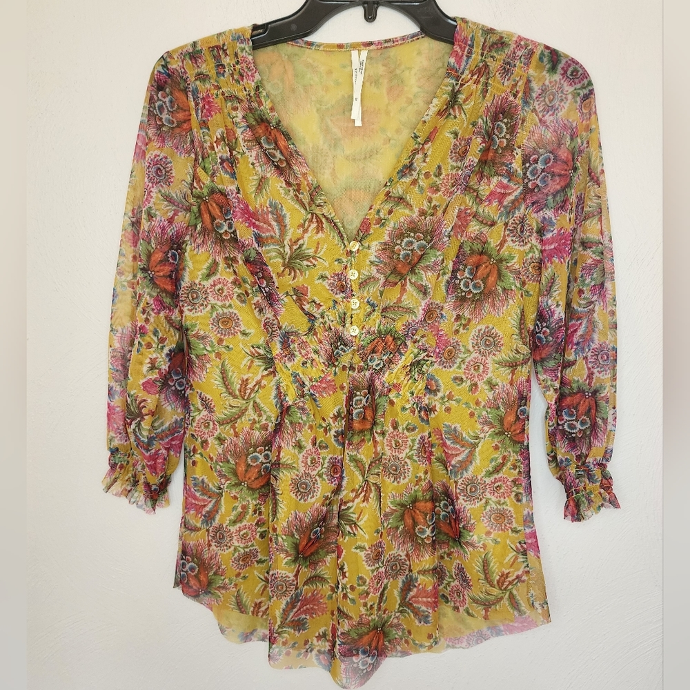 Anthropologie Gretchen V-Neck Floral Smocked Mesh Tunic Top XS Yellow Pink Boho - Picture 3 of 8